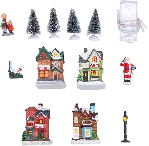 10Pcs Christmas Village Set Christmas Village Accessories Set Lighted Christmas Village Houses Figurines for Christmas Village Collection Tabletop Shelf Indoor Decor
