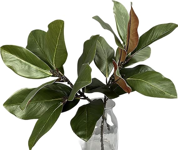 2Pcs Faux Magnolia Branches Artificial Magnolia Leaves Stems Fake Magnolia Leaves Picks Realistic Magnolia Leaves Twigs Greenery Magnolia Stems for Home Table Vase Indoor Outdoor Decor