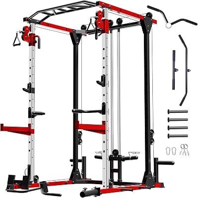 VANSWE Power Cage with LAT Pulldown Attachment, 1200-Pound Capacity Power Rack Full Home Gym Equipment with Multi-Grip Pull-up Bar, Landmine, T bar and Dip Handle