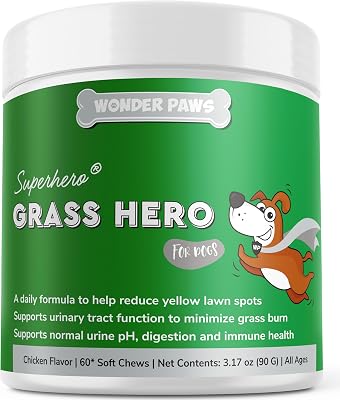 Wonder Paws Grass Hero, Grass Burn Spot Chews Neutralizes Urine to Prevent Yellow Lawn Spots Dog Pee Lawn Saver, Spot Treatment & Urinary Health Cranberry & Methionine 60 Soft Chews