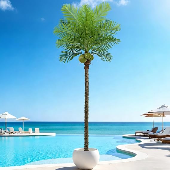 Artificial Phoenix Palm Tree 10FT with 18 Leaves & 3 Coconut Fruit & Real Bark Tropical Areca Sago Palm Tall Large Faux Plant 120 Inch Black Pot for Indoor Outdoor Home Office Poolside Decor