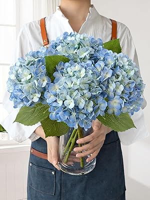 Blue Faux Hydrangea Flowers for Decoration,4Pcs 20 Real Touch Lifelike Faux Flowers, Full Fake Artificial Hydrangeas with Stems for Bouquet Table Centerpieces Spring Home Decoration