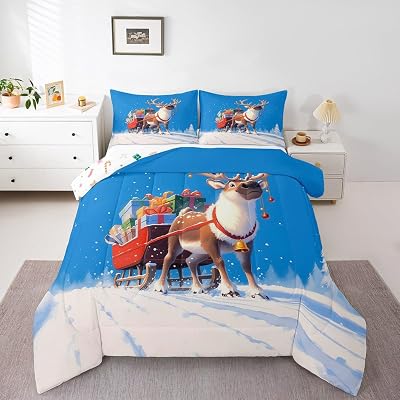 Manfei Christmas Comforter Set King Size, Winter Deer Bedding Set 3pcs, Western New Year Theme Down Comforter for All Season, Kids Boys Girls Room Decor, Lightweight Duvet Insert, 2 Pillowcases