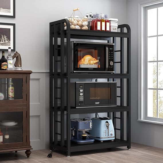 Bakers Rack with Power Outlet ,Microwave Stand 4-Tier Kitchen Baker's Rack, Free Standing Baker's Rack Kitchen Stands with Storage Suitable for Kitchen, Living Room, Dinning Room,Coffee Bar (Black)