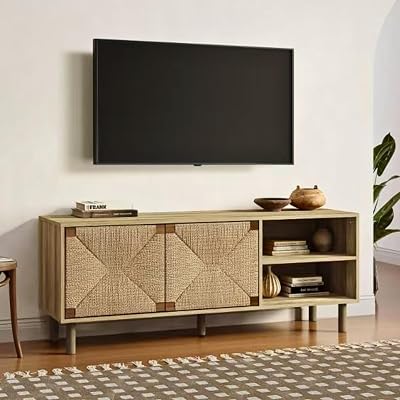 LuxenHome 55 Boho TV Stand for Living Room for TVs up to 60, Modern TV Stand with Storage and Woven Rope Cabinet Door, Media Console Entertainment Center for Living Room, Bedroom