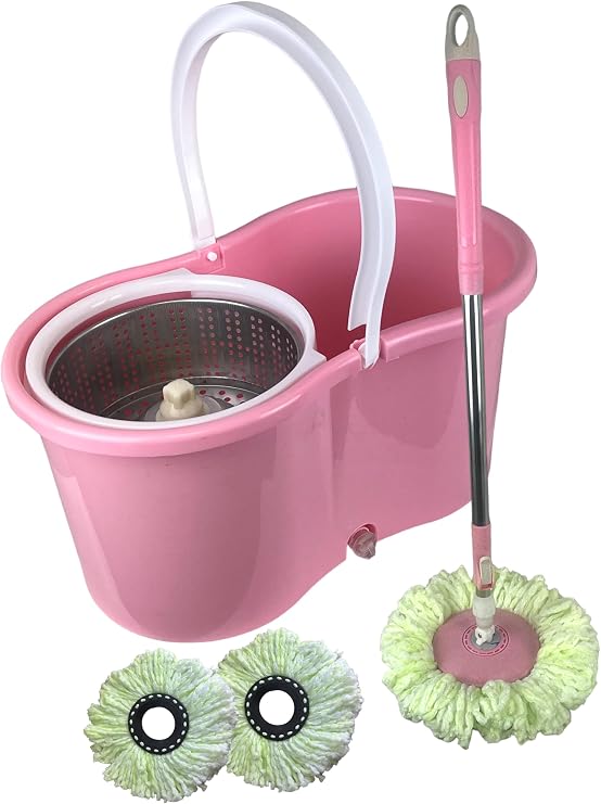 Spin Mop Bucket Set with Spin 360 Wringer and 2 Microfibre Mop Pad Head Telescopic Easy Press Handle with Spin Dry Cleaning Caddy Set-Microfibre Home Cleaning Clean Floor (Pink))