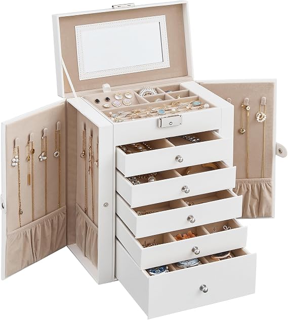 SONGMICS 6 Tier Jewelry Box with Drawers, Mirror and Lock, Storage Organizer for Bracelets Earrings Rings Necklaces Watches, Christmas gifts, White UJBC152W01