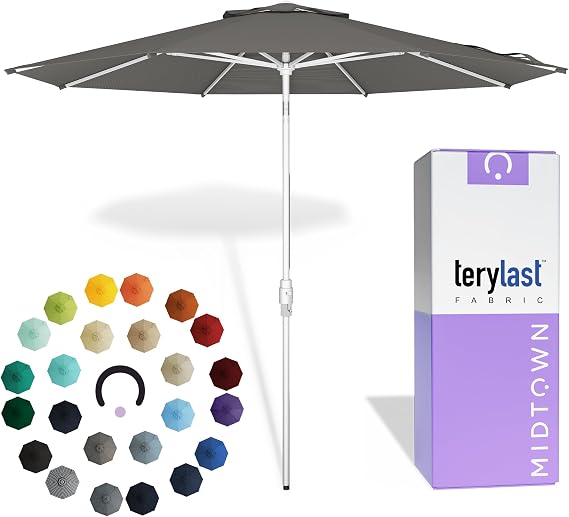 Midtown Umbrellas The Swilt 8 Ft Patio Umbrellas with 360 Swivel & Tilt Mechanism, 8 Fiberglass Ribs & Terylast Polyester Fabric for Backyard, Deck, Pool & Cafes - Charcoal Canopy, White Pole