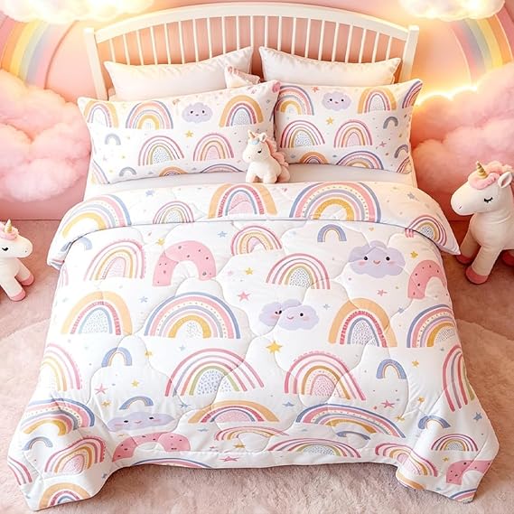 BEDMUST Kids' Rainbow Comforter Set - 3PCS Twin Size Colorful Bedding for Girls, Lightweight Soft Pink Yellow Rainbow Star Bed Set with 2 Pillowcase, Machine Washable, Durable & Cozy Bedroom Decor