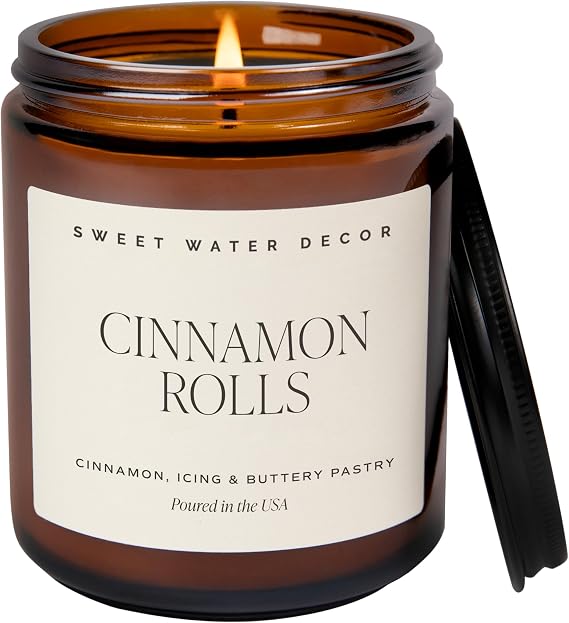 Sweet Water Decor Cinnamon Roll Candle, Fall & Winter Scents, 9oz Amber Jar | Cinnamon, Icing & Buttery Pastry Scented Soy Wax Candle, Non-Toxic, 40+ Hour Burn Time, Autumn & Holiday Fragrance