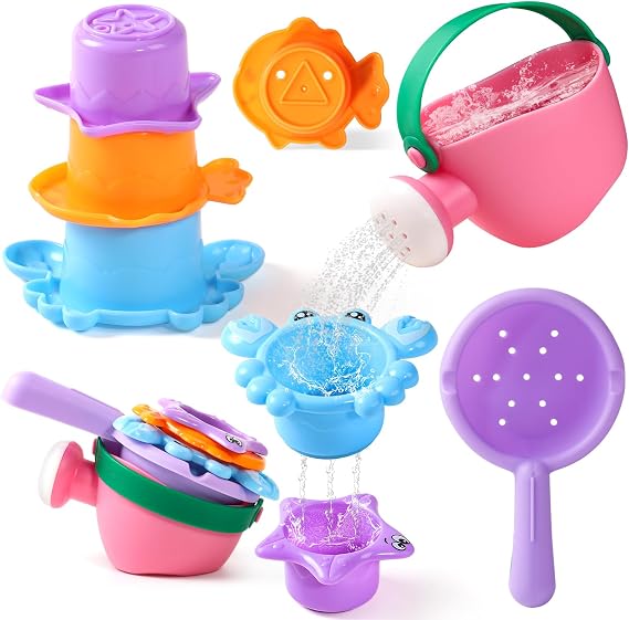 Fajiabao Toddler Bath Toys for Kids Ages 1-3 Stack, Scoop & Pour Set 5 PCS | Drain Quickly Nest for Easy Storage with 3 Animal Stacking Cups, Watering Can & Scoop for Floating Bathub Water Table Play