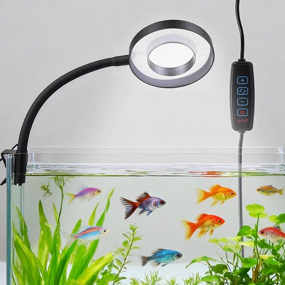 8W LED Aquarium Light for Fish with 4 Colors Lamp Holder 360° Adjustable Light Arm Moving Aquarium Lamp USB Waterproof Mini Clip-On LED Lights Suitable for 3-8mm Thick Aquariums [Energy Class F]