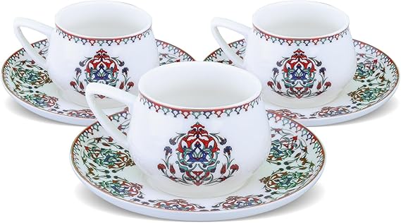 KARACA Nakkas Turkish Coffee Cup Set of 6, (12 Piece) White Cups with Saucers - 3.3 fl oz Small Porcelain Espresso Set - Ideal for Serving Greek, Arabic Coffee
