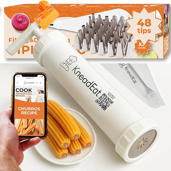 Churro Maker Kit with Booster-powered Handle. 2 Piping Bags and 48 Piping Tips. Easy QR-Recipe to Prepare and Decorate Your Own Churros at Home - KneadEat Cookie press - Churro press.