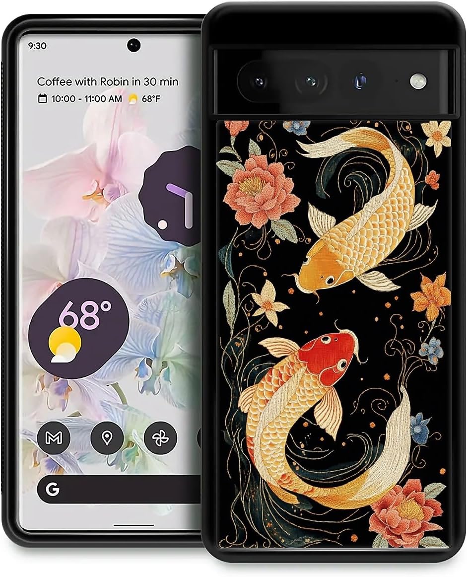 CARLOCA Compatible with Google Pixel 7 Pro Case Design for Girl Shockproof Anti-Scratch Hard PC Back Case Esthetics Fashion Pattern Flowers Swirl Water Golden Koi Fish Swiming