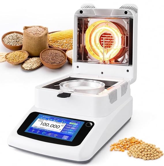 Grain Moisture Tester, Halogen Moisture Analyzer with 5-Inch Touch Screen, 120g Capacity, 0.01% Readability, RS-232 Interface, for Corn, Wheat, Feed, Coffee and Tea A-1205