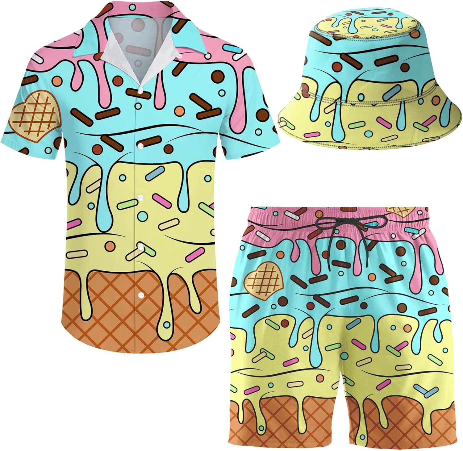 Mens 2 Piece Tracksuit Hawaiian Shirt Shorts Button Down Shirt and Shorts Sets with Bucket Hats