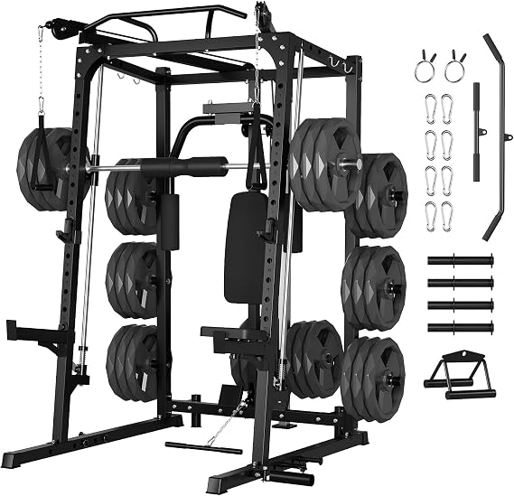 Smith Machine, 2000LBS Squat Rack for Home Gym, Multi-Function Power Cage | Cable Crossover System Strength Training Equipment, LAT Pulldown Machines, 8 Weight Storage Pin, No Weight Plates