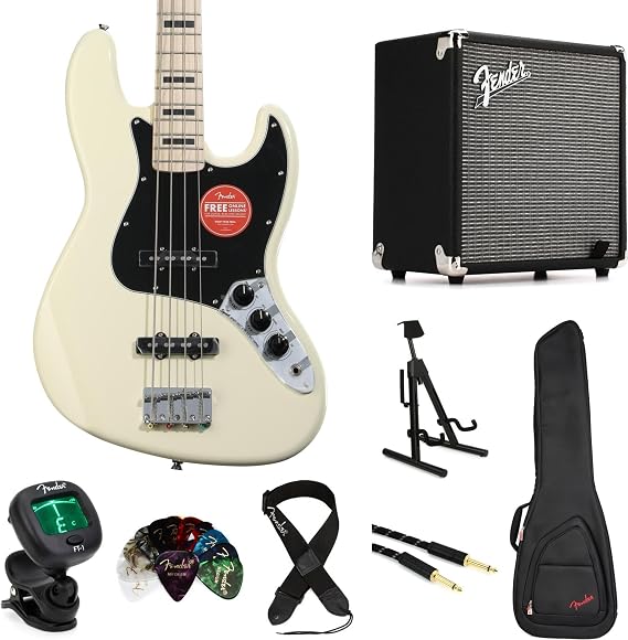 Squier Affinity Series Active Jazz Bass Amp Essentials Bundle - Olympic White