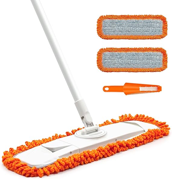 Dust Mop with Washable Microfiber Pad - Dry & Wet Floor Mop Featuring Built-in Scouring Pad for Hardwood, Laminate, Tile, Marble