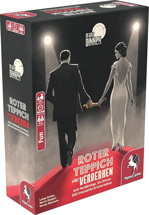 Pegasus Spiele 19010G - Deadly Dinner - Roter Teppich ins Verderben - Krimi Dinner für Zuhause - 6 bis 8 Spieler - Krimispiele für Erwachsene - Krimidinner Spiel