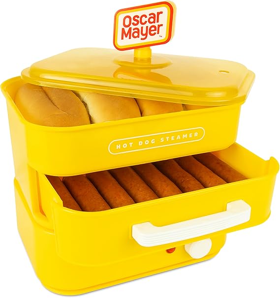 Nostalgia Oscar Mayer Diner-Style Hot Dog Steamer and Bun Warmer, 8 Hot Dog and 4 Bun Capacity, Steam Bratwursts, Sausages, Vegetables, Fish, Dumplings, Yellow