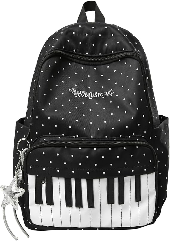 TIAASTAP Polka Dot Backpack Cute School Bags for Girls Aesthetic Piano Design School Backpack Preppy Bookbag for Teenage College Primary Secondary Middle (Black)