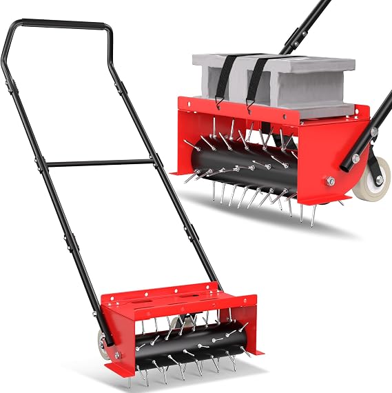 Manual Push Spike Rolling Lawn Aerator,Pre-Attached Spike Aerator Tool | with Wheels for Lawns,Garden,and Yard Grass