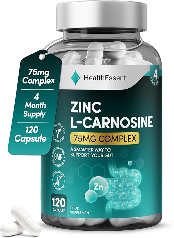 HealthEssent Zinc L-Carnosine 75mg Gut & Stomach Health Supplement 120 Caps | 17mg Elemental Zinc (170% NRV) | Digestive Support Supplement | 120 Vegan Capsules, 4 Month Supply, Non-GMO