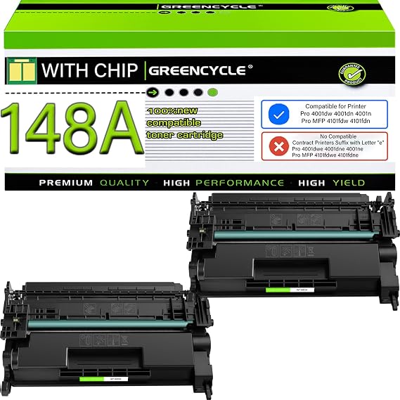 Compatible 148A Black Toner Cartridge for HP Laser Jet 4001n 4101fdw | 2-pack W1480A with chip, black toner. Works with HP Laser Jet Pro 4001dn, 4001dw, MFP 4101fdn. High page yield
