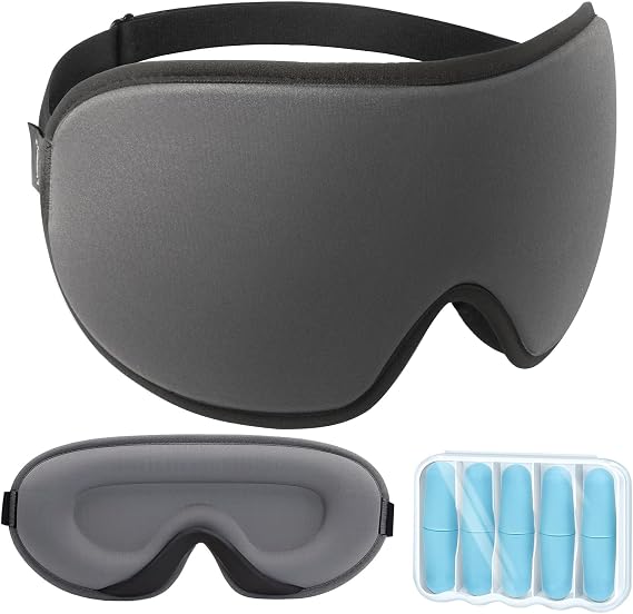LYSIAN 3D Blackout Sleep Mask for Side Sleepers, 5 Pairs Ear Plugs, Grey
