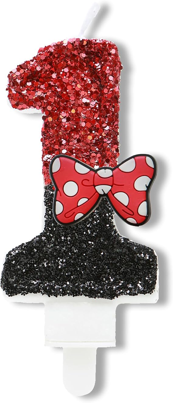 Number 1 Birthday Candle,Red Black Sequin Number Candles with Red Bow 1st Glitter Cake Candles