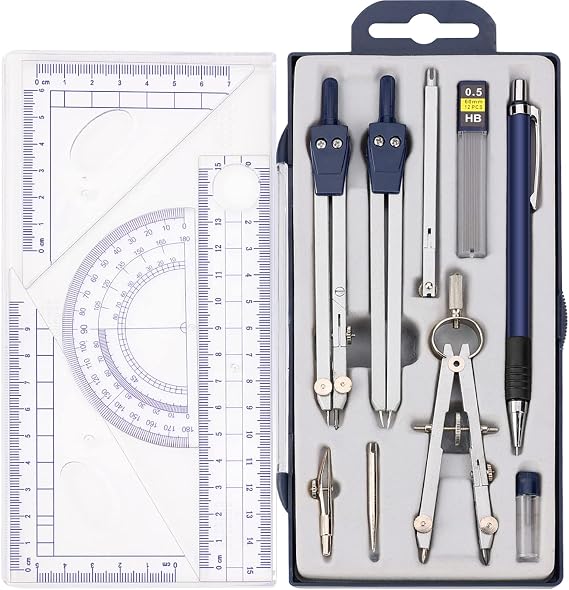 13 Pieces Geometry Set Compass Geometry Tools Math Compass and Protractors Metal Precision Drafting Kit with Storage Box Rulers Pencils Technical Drawing, Engineering & Architecture