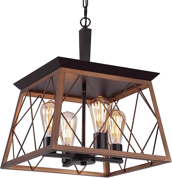 Q&S Farmhouse Rustic Chandeliers,Antique Geometric Industrial Hanging Light Bronze 4 Lights for Dining Room Kitchen Island Entryway Foyer Restaurant UL Listed