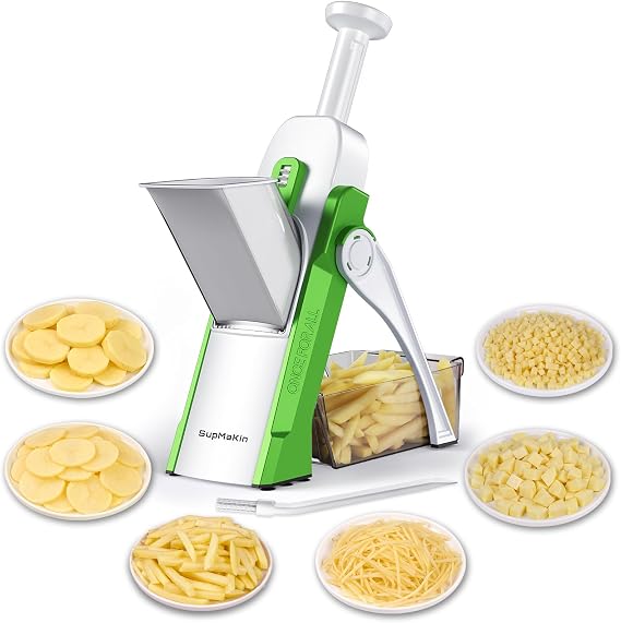 SupMaKin Safe Mandoline Vegetable Slicer,Adjustable Potato Chopper 1-8 mm | multifunction Veg Chopper to Slice, Dice, Julienne,Food Cutter Stainless Steel Blades,Dishwasher Safe Kitchen Gadgets Gray
