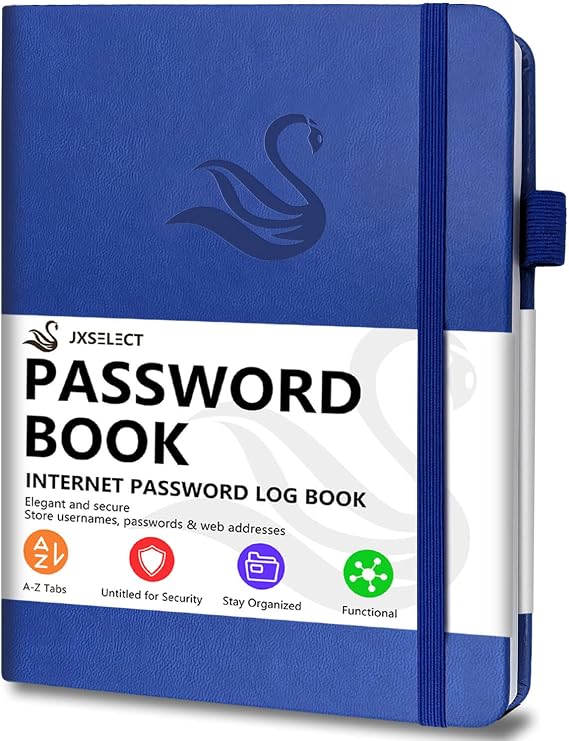 Elegant Password Book with Alphabetical Tabs - Hardcover Password Book for Internet Website Address Login - 7" x 10" Password Keeper and Organizer w/Notes Section & Back Pocket(Royal Blue)