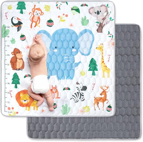 Baby Play Mat, Foldable Kids Playmat, Cotton Baby Play Mats for Floor, 127x127cm Soft Baby Crawling Mat Pollution-Free, Non-Slip Baby Activity Play Mat for Toddlers 1 2 3 Years Old, Animal