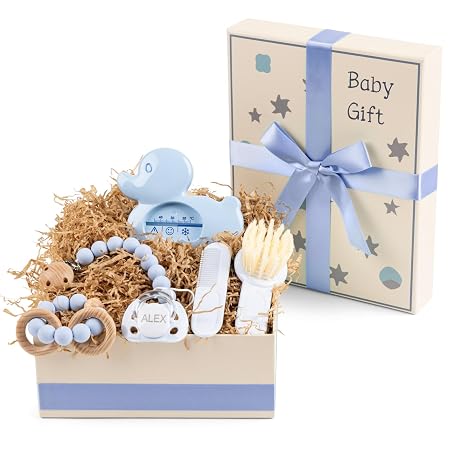 Gift for Newborn Boys and Girls with Teething Ring Brush and Thermometer Ideal Basket for Loving All-Round Care Personalised Basket (Blue)