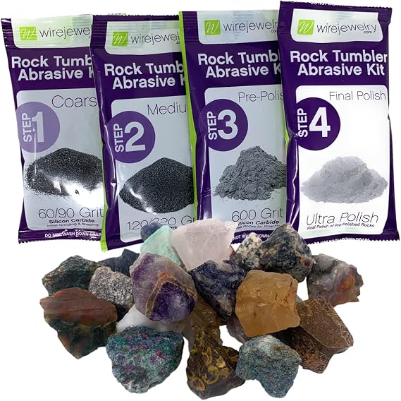 WireJewelry Asia Rock Tumbler Refill Kit - 1.5 Lbs. of Asia Stone Mix and 1 Batch of 4 Step Abrasive Grit and Polish