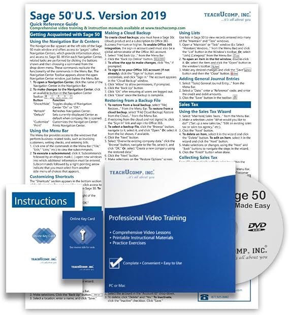TEACHUCOMP DELUXE Video Training Tutorial Course for Sage 50 2019 (U.S.)- Video Lessons, PDF Instruction Manual, Laminated Quick Reference Guide, Testing, Certificate of Completion