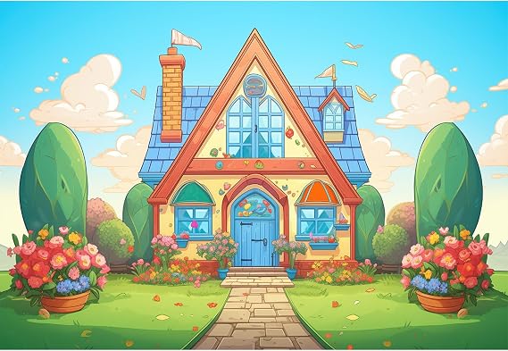 Cartoon House Landscape Backdrop Colorful Flowers Green Meadow Cobblestone Photography Background Tudor Gable Blue Sky Front Garden Backdrop for Kids Children Birthday Baby Shower Props 7x5ft