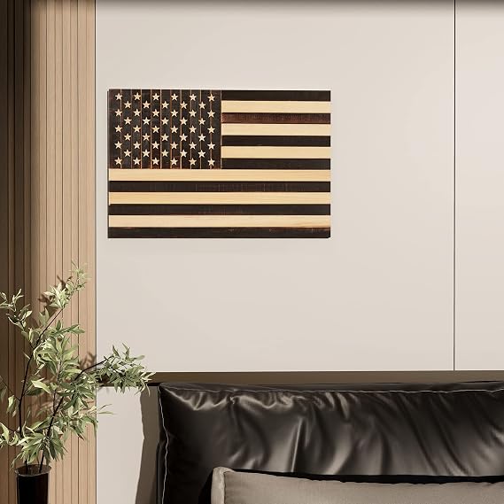 CONSDAN Wooden American Flag Wall Art, Rustic USA Hardwood Wall Decor, Dark Blue, 24"x16"