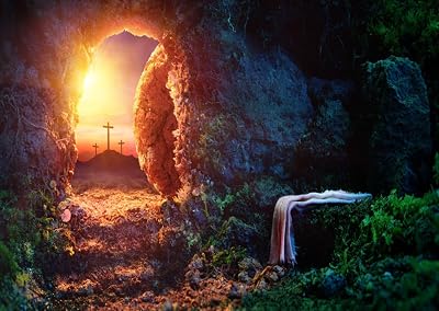 Easter Backdrops 5x3ft Holy Light Three Crosses Backdrop Resurrection of Jesus Rock Cave Sunrise Background Easter Church Christian Pary Event Banner Decor Photo Booth Props
