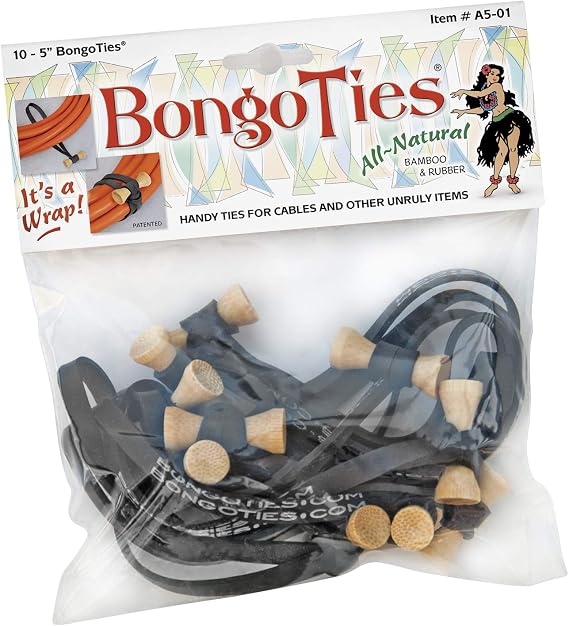 Original Bongo Ties A5-01 - 10 Pack ~ Professional cable ties made of natural rubber and bamboo ~ HANDY TIES FOR CABLES AND OTHER UNRULY ITEMS