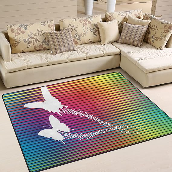 Butterfly Flight Wings Silhouette Rainbow Area Rugs for Living Room Non-Slip Bedroom Carpet 5'x4'