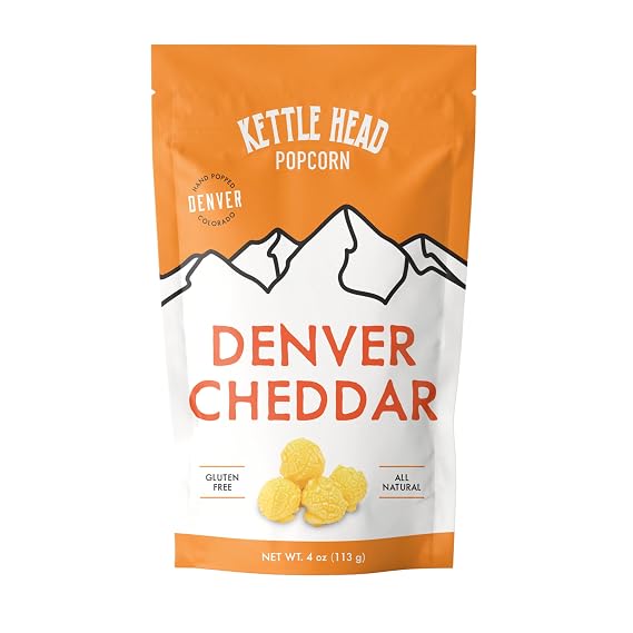 Kettle Head Popcorn Denver Cheddar, 4 oz Gourmet Cheddar Popcorn Snack, Rich Cheesy Flavor, Small Batch Popped Corn