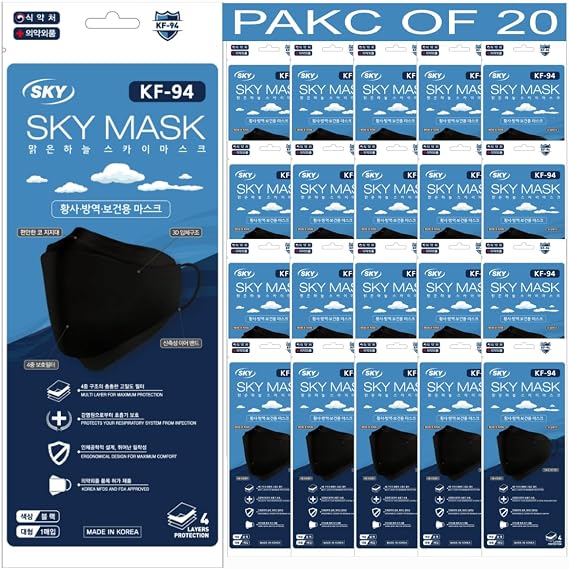 Happy Life SKY KF94 Face Mask, Black, Unisex Adult SIZE, Premium Individual Pack 4-Layer, Disposable Made in Korea.