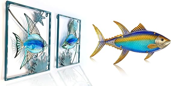 LIFFY Metal Fish Wall Decor with Frame-Outdoor Wall Art, Wall Decor with LED Fairy Lights, Fish Glass Art Wall Sculpture for Patio,Beach,Garden,Yard,Pool,home gift