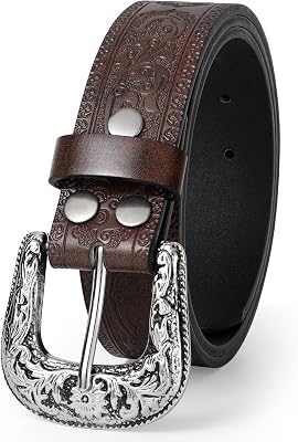 TRIWORKS Women Western Belt Cowboy Cowgirl PU Leather Belts with Vintage Engraved Buckle