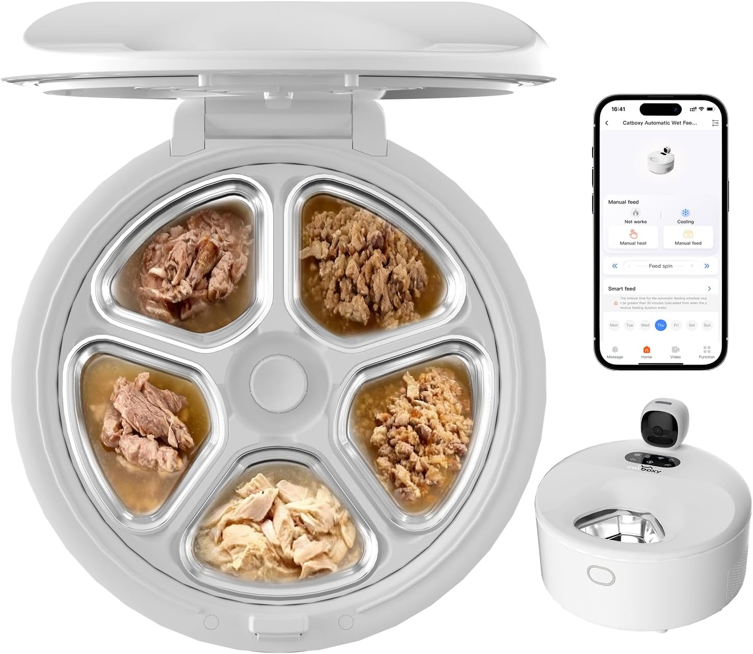 Automatic Cat Feeder Wet Food Monitored Automatic Cat Feeder Two-in-One Refrigerated Auto Cat Feeder with Semiconductor Cooling 5 Fresh Meals App-Controlled Easy to Clean（white）
